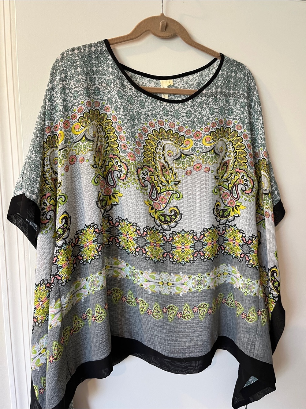 Chenault Paisley Border Tunic Top - Gray, Yellow & Black Trim